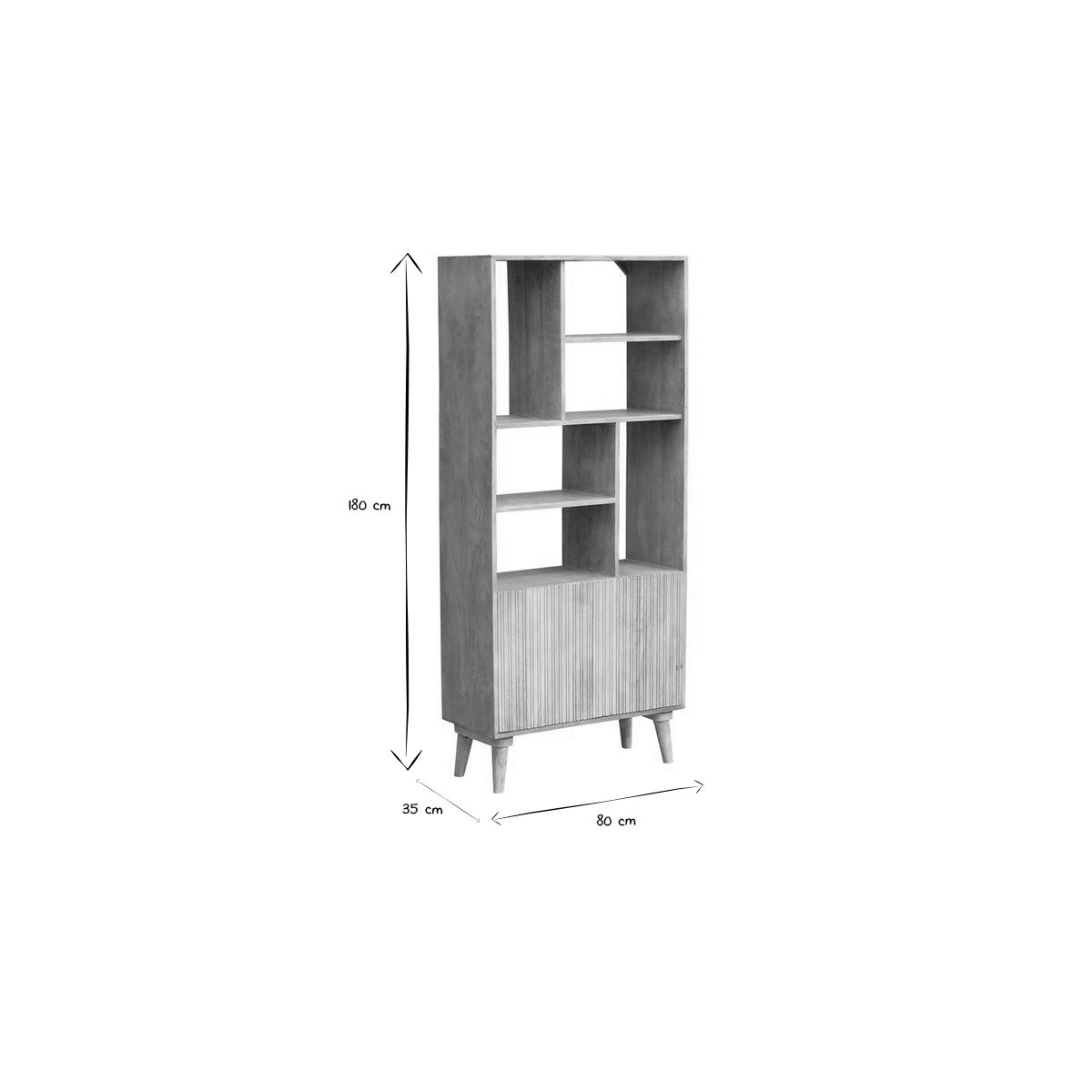 Bibliothèque en bois manguier massif 2 portes gravées L80 cm RUBIA chêne clair, MILIBOO