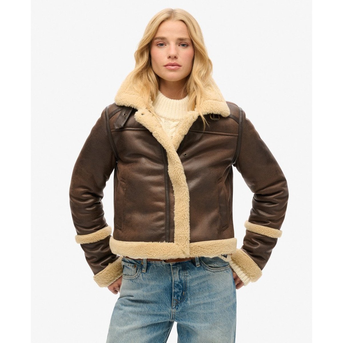 Veste aviateur courte en peau de mouton synthétique marron foncé, SUPERDRY