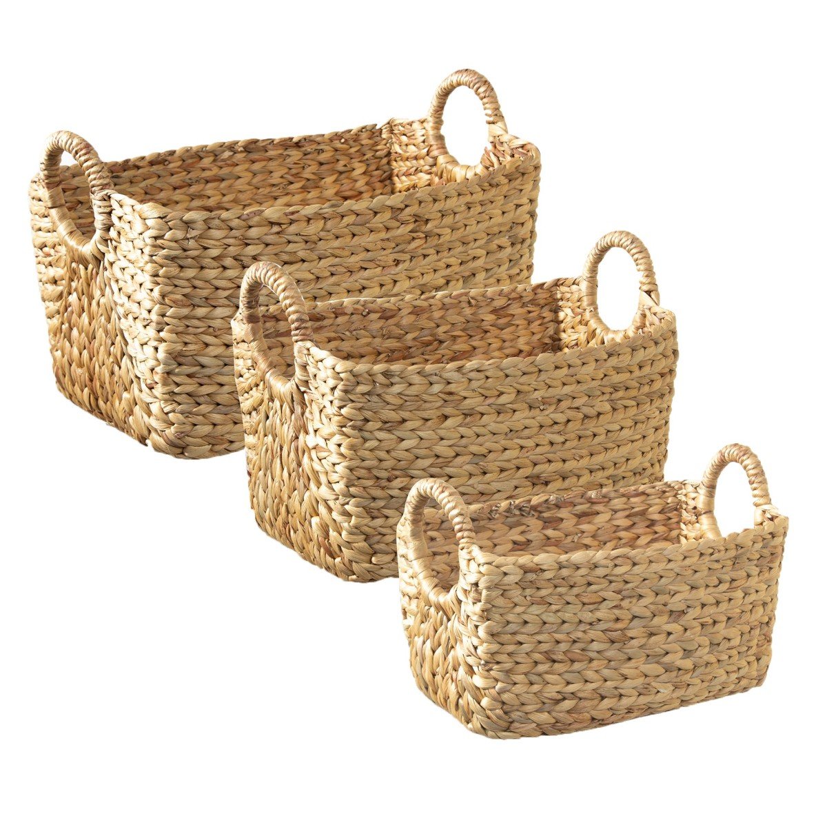 Lot de 3 Paniers en Jacinthe d'eau avec poignées bois clair, CALICOSY