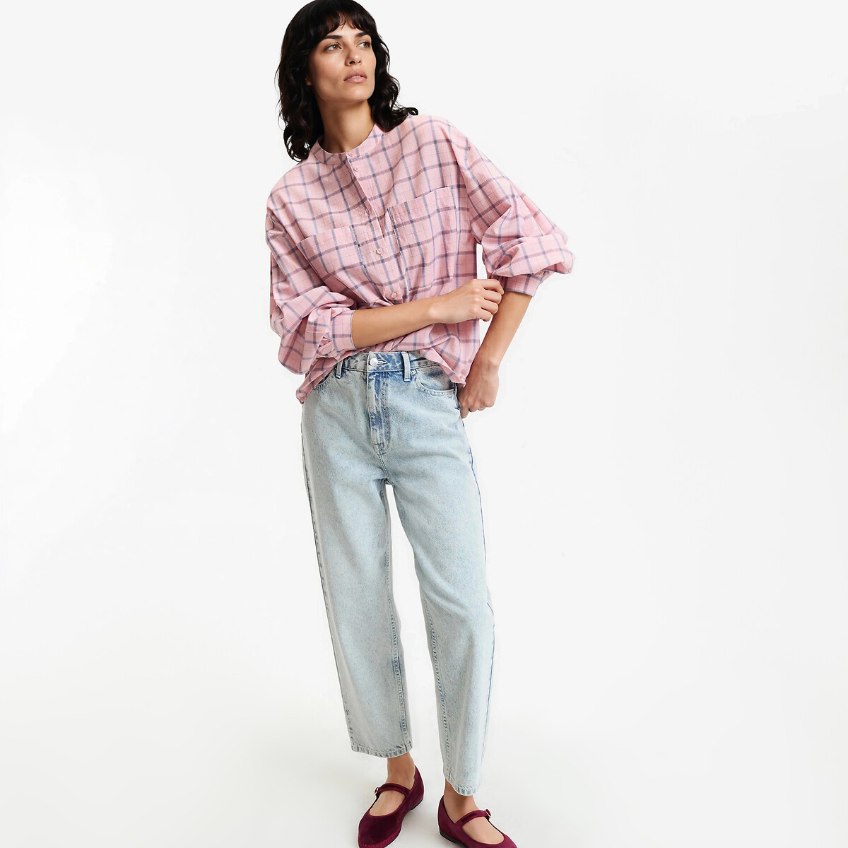 Chemise col rond manches longues à carreaux carreaux rose, LA REDOUTE COLLECTIONS