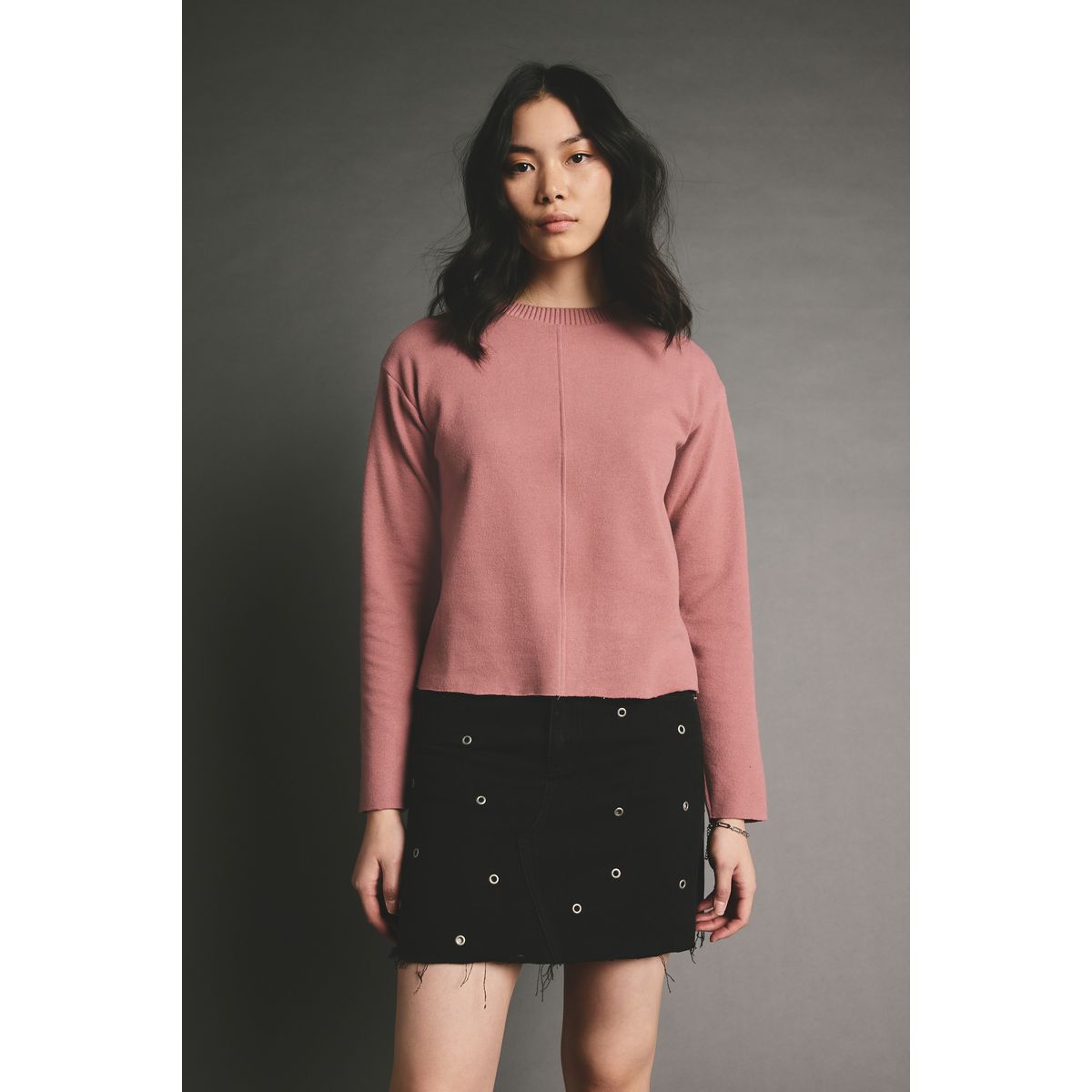 Pull ras du cou côtelé doux avec surpiqûres rose blush, NEXT