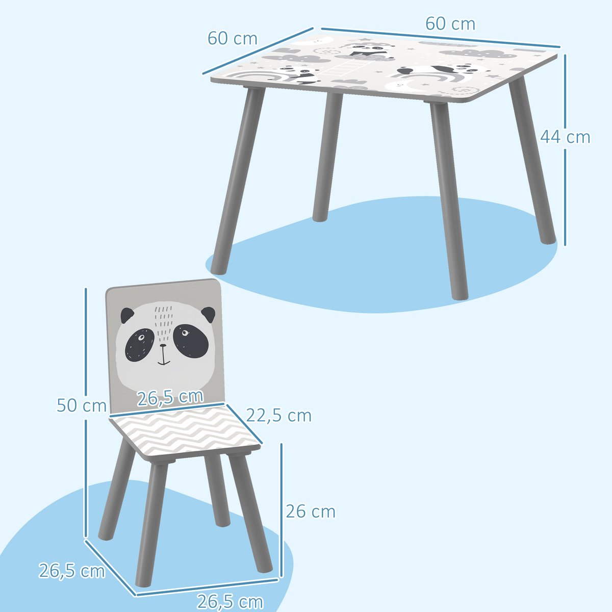 Ensemble table et chaises pour enfants MDF gris, blanc, motif panda, ZONEKIZ