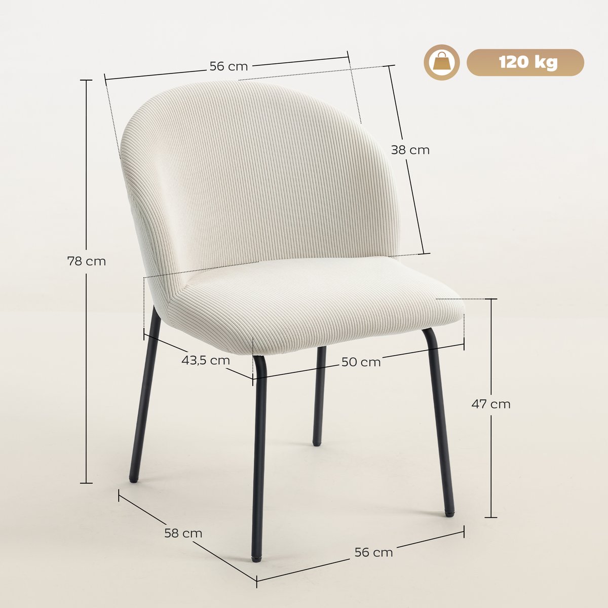 Chaise de salle à manger Velours côtelé (70 % crème, HOMCOM