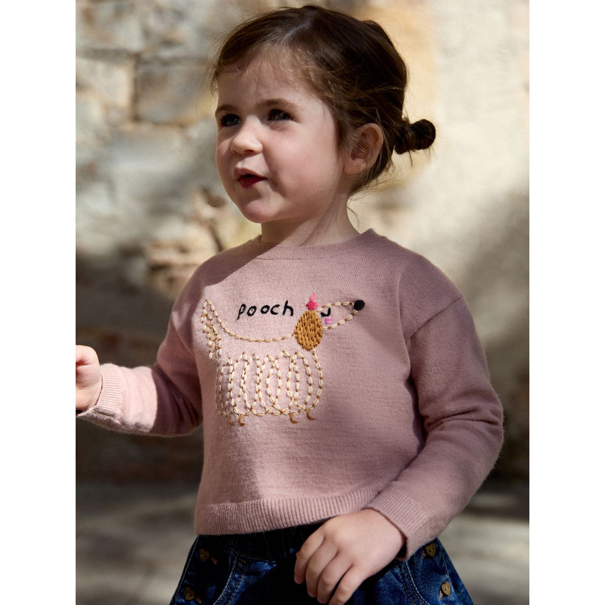 Pull coupe carrée pooch rose brodé, NEXT