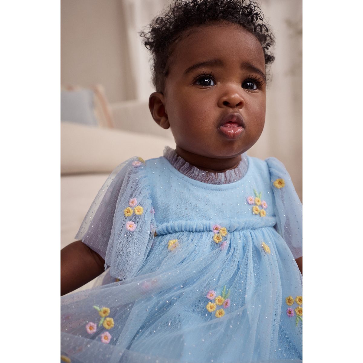Robe en mesh bébé fleur bleue brodée, NEXT