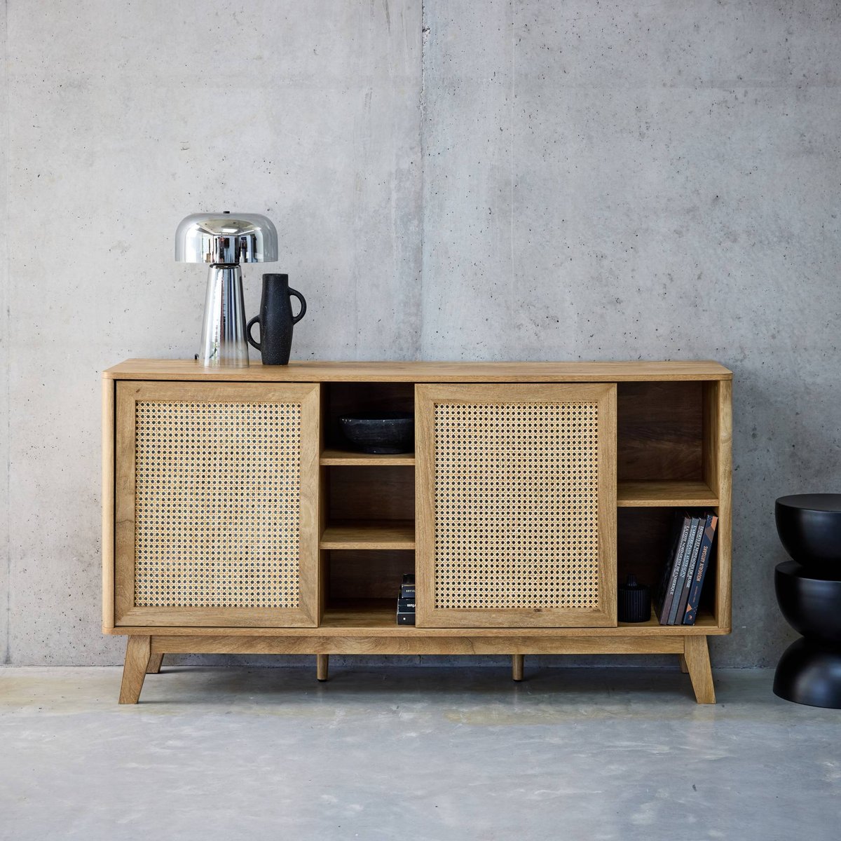 Buffet décor bois et cannage 2 portes coulissantes 150cm MANI naturel, SWEEEK