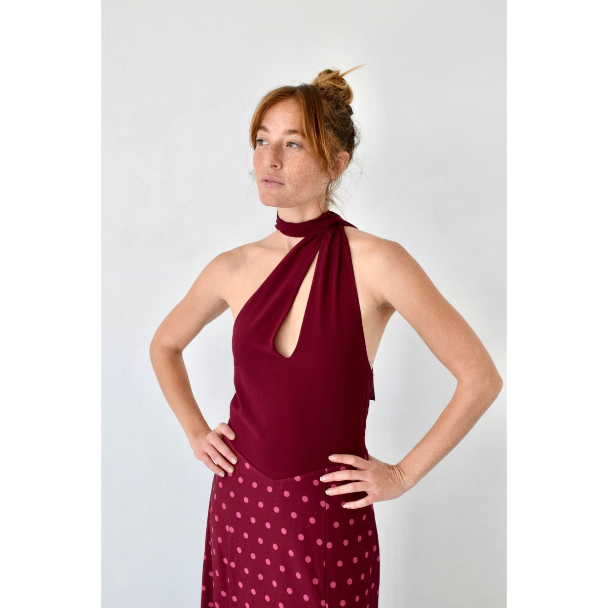 Robe longue jupe à pois KALA bordeaux, MINDTRAVELER