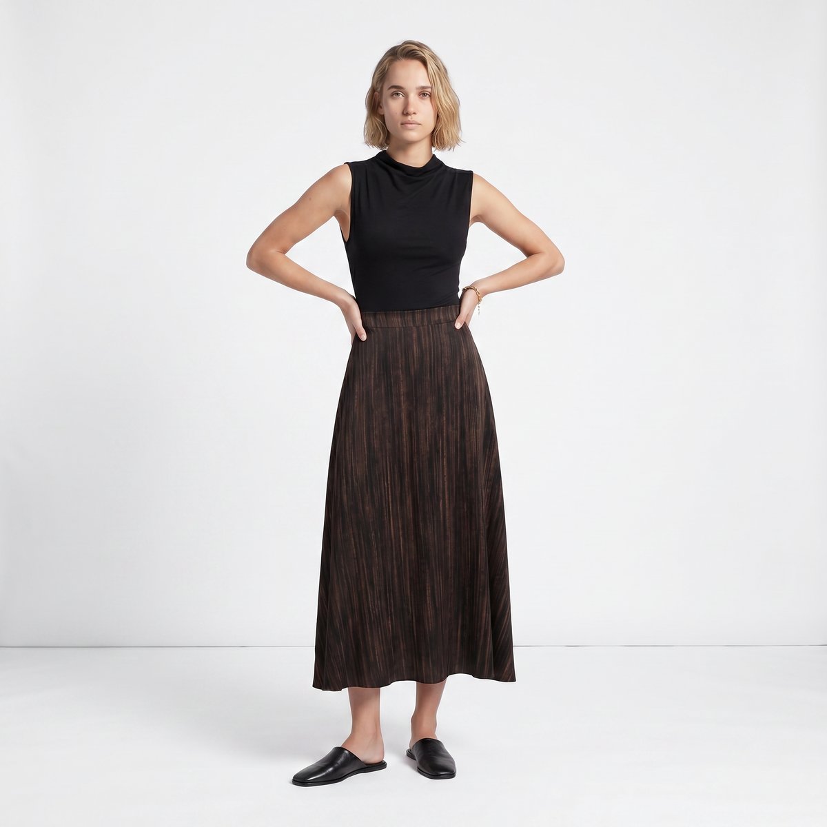 Jupe plisée longue, taille haute et élastique CLALYS marron, ARTLOVE