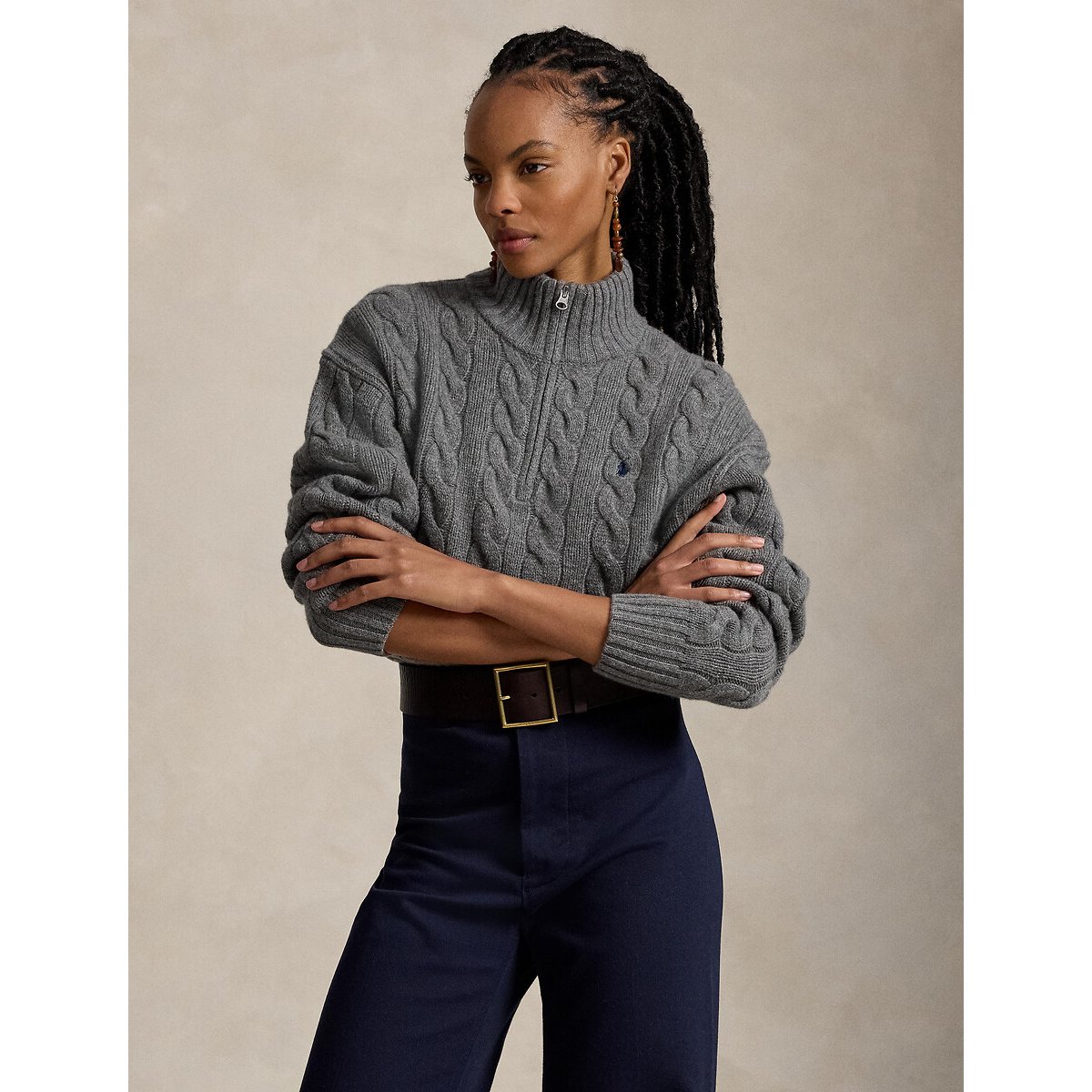 Pull col zippé en maille torsadée, 80% laine 20% cachemire gris foncé, POLO RALPH LAUREN