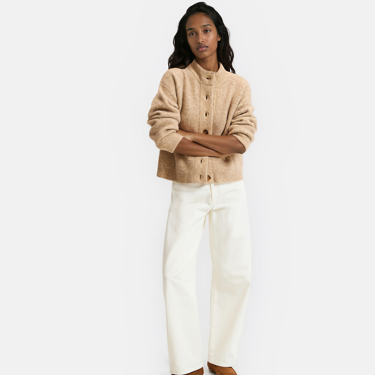 Gilet col montant en grosse maille beige chiné, LA REDOUTE COLLECTIONS