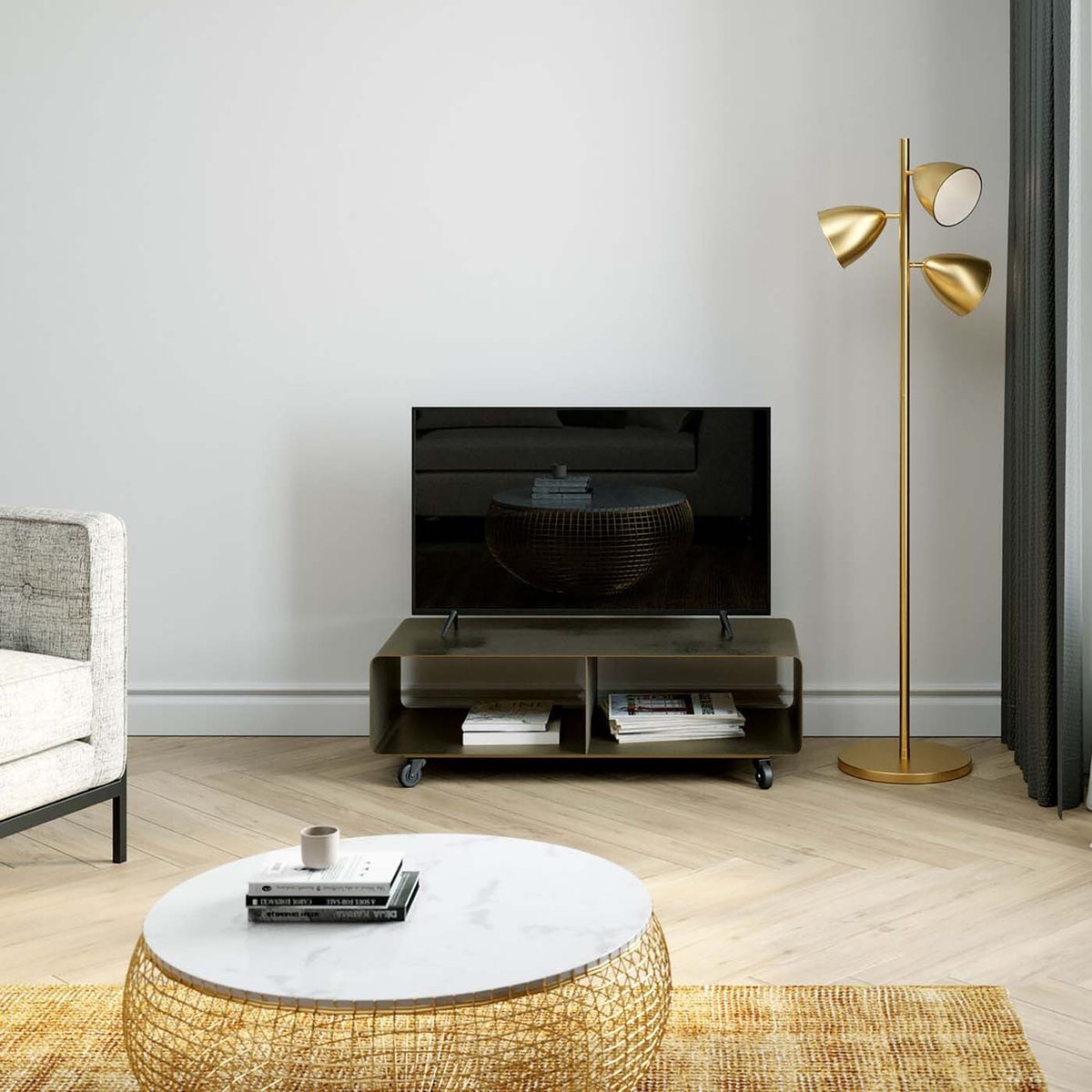 Meuble TV à roulettes en acier, LOUNGE bronze, KARE DESIGN