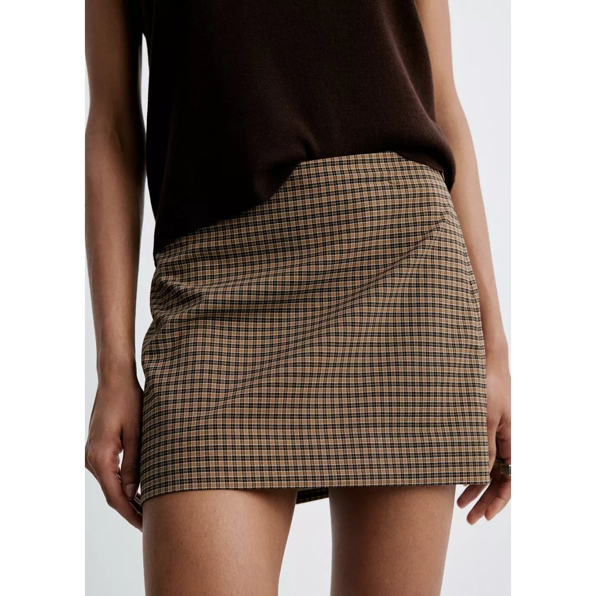 Jupe courte carreaux marron, MANGO