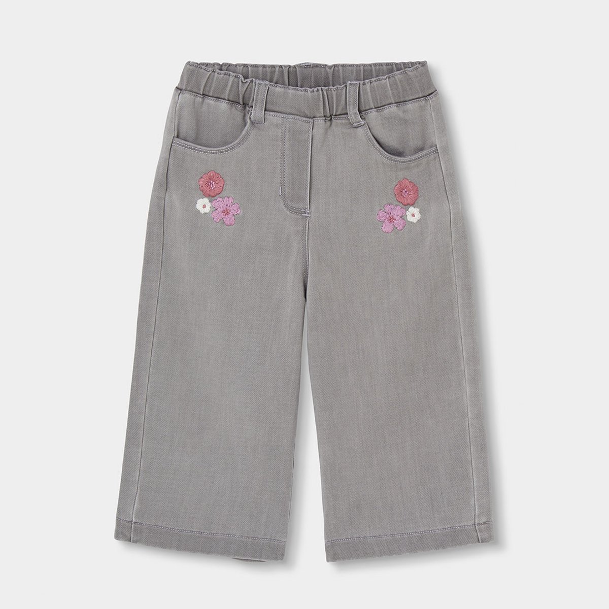 Pantalon fille denim brodé de fleurs gris, BOBOLI
