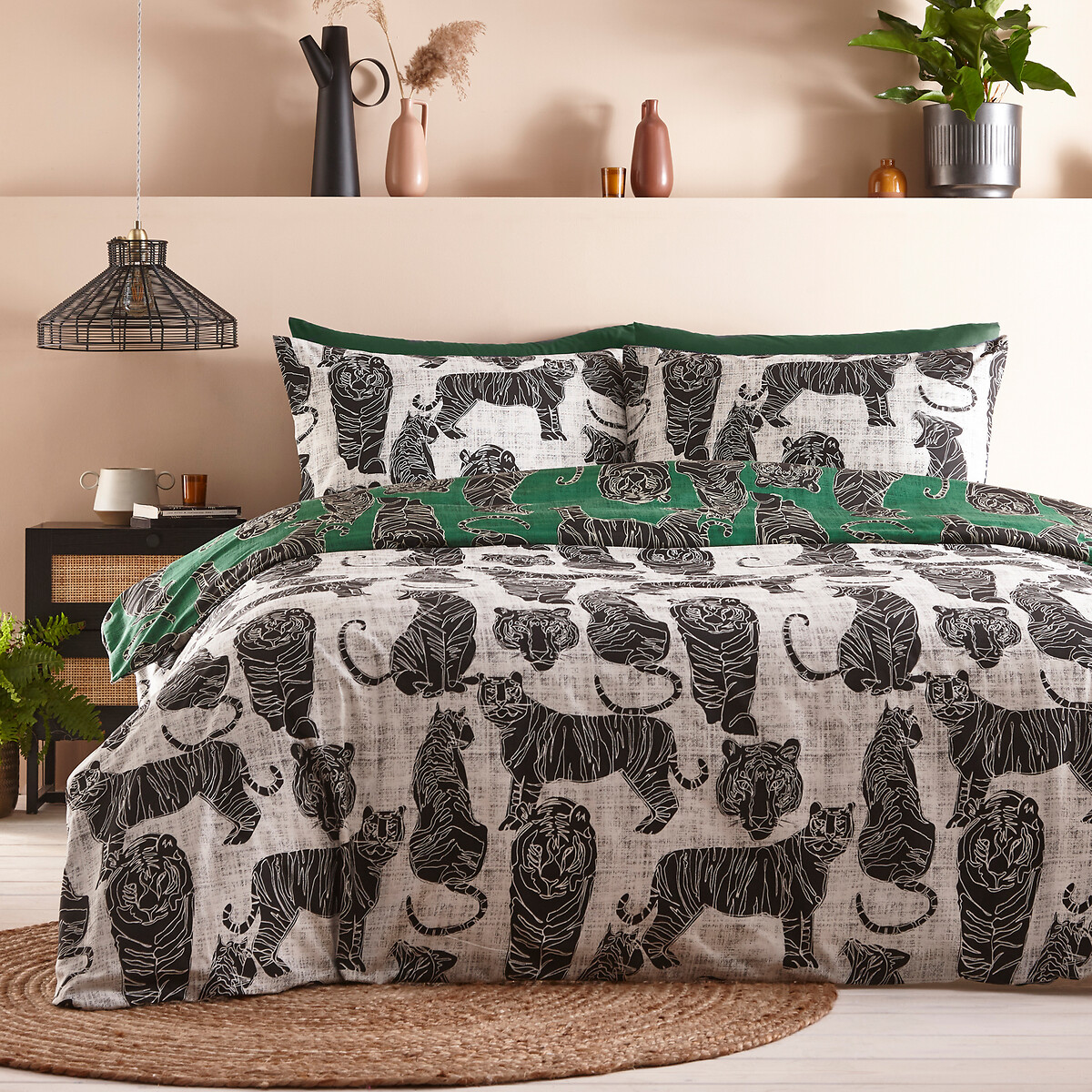 Reversible Cotton Blend Duvet Cover and Pillowcase Set green, FURN.