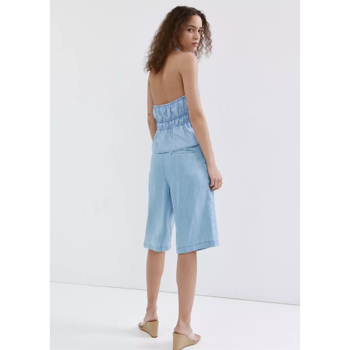 Bermudas en denim coupe droite taille basse bleu clair, MANGO