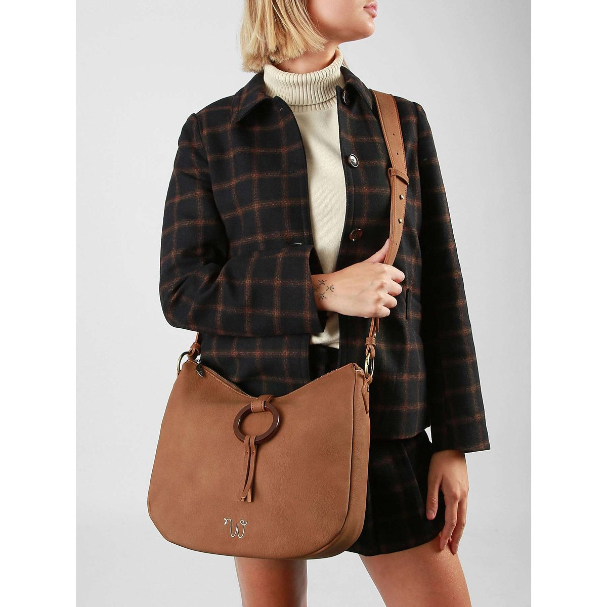 Sac porté épaule Verveine polyurethane camel, WOOMEN