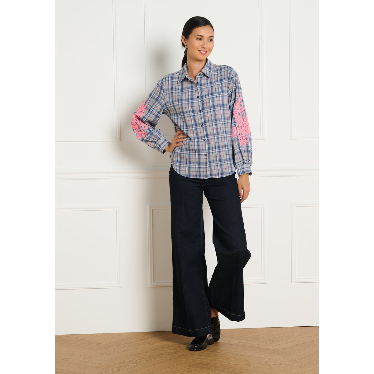Chemise à carreaux brodée bleu, LOLALIZA