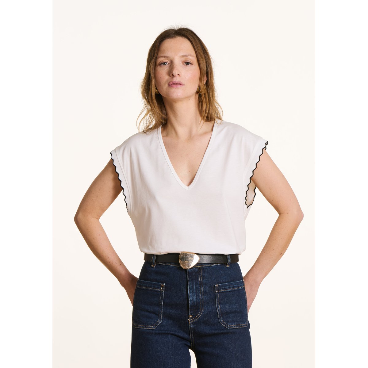 T-shirt droit col V en coton biologique ecru, LA FEE MARABOUTEE