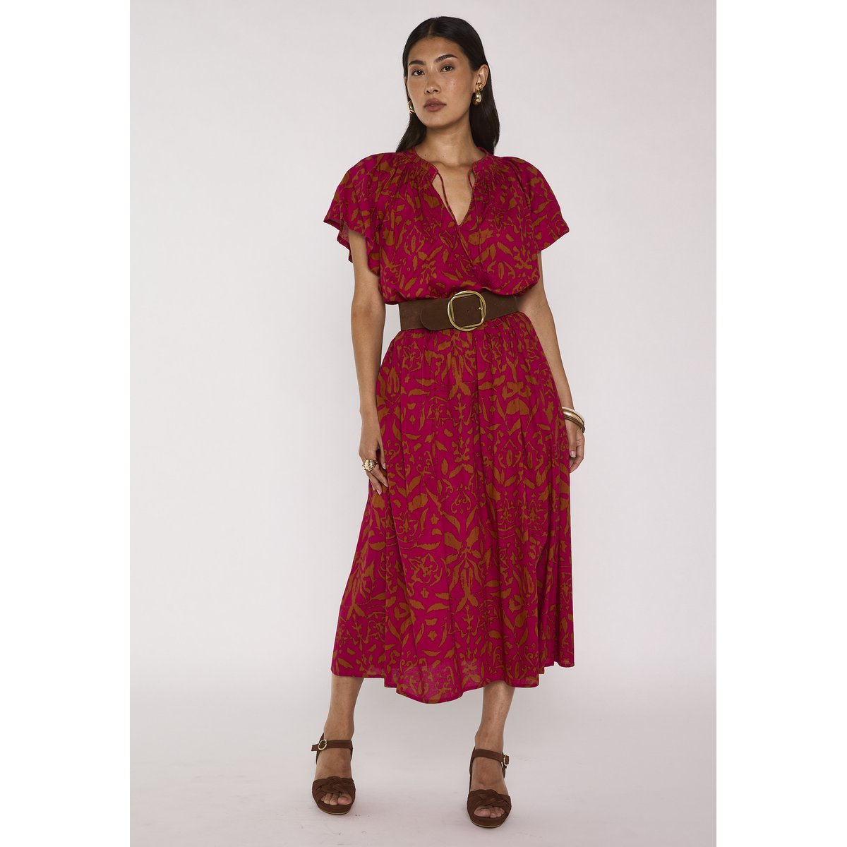 Jupe midi fluide imprimée en coton BRUNE fuchsia, Maison 123