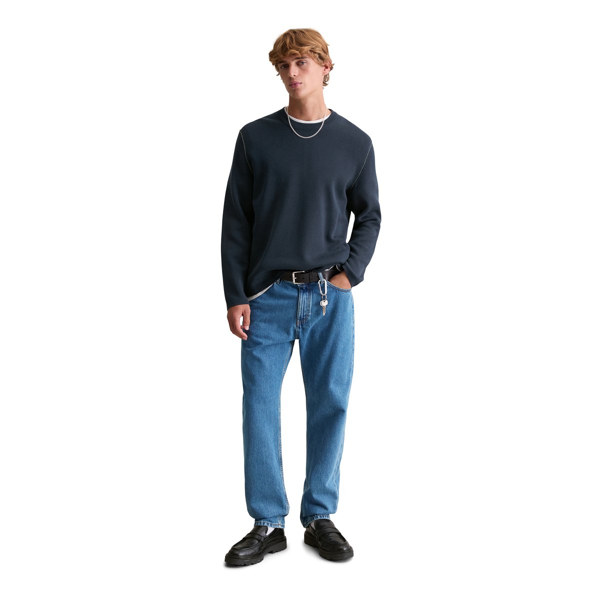Pull-over regular en coton double face bleu foncé, MARC O’POLO DENIM