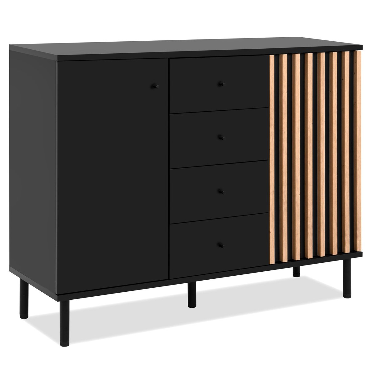 Commode 2 portes 4 tiroirs noir à lamelles noir, TERRE DE NUIT