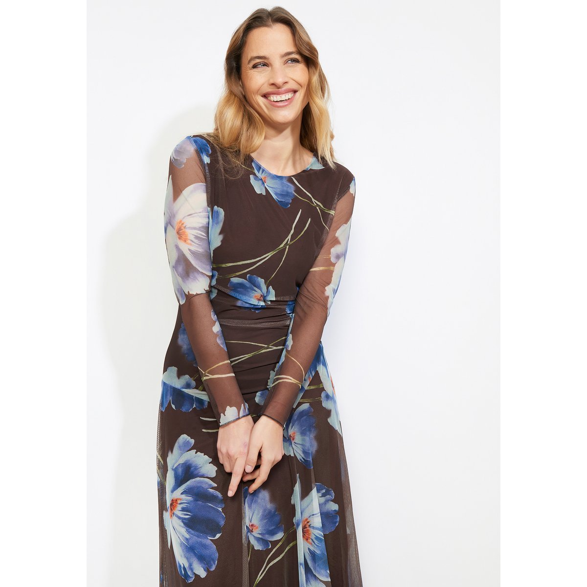 Robe midi fluide fleurie brun fonce chocolate, LOLALIZA