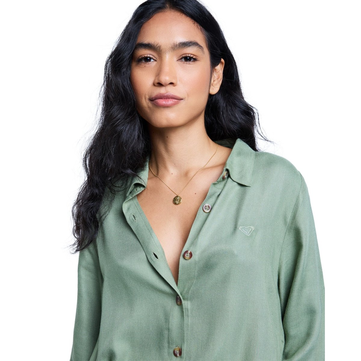 Robe midi à col et manches longues boutonnées sur le devant ISLAND ESCAPE SOLID. vert oil green, ROXY