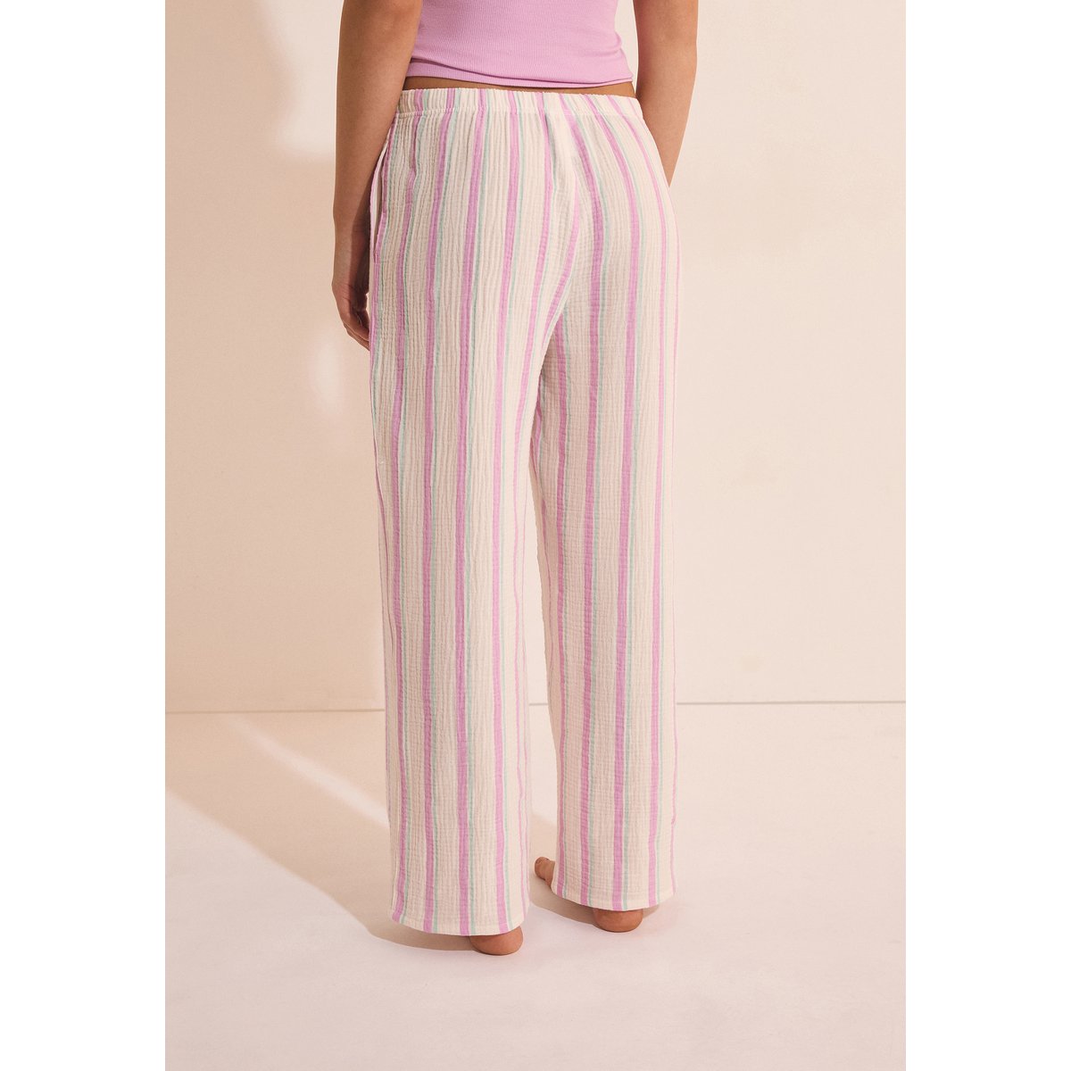 Pantalon de pyjama 7/8 à rayures en gaze de coton ALMIA rose, ETAM