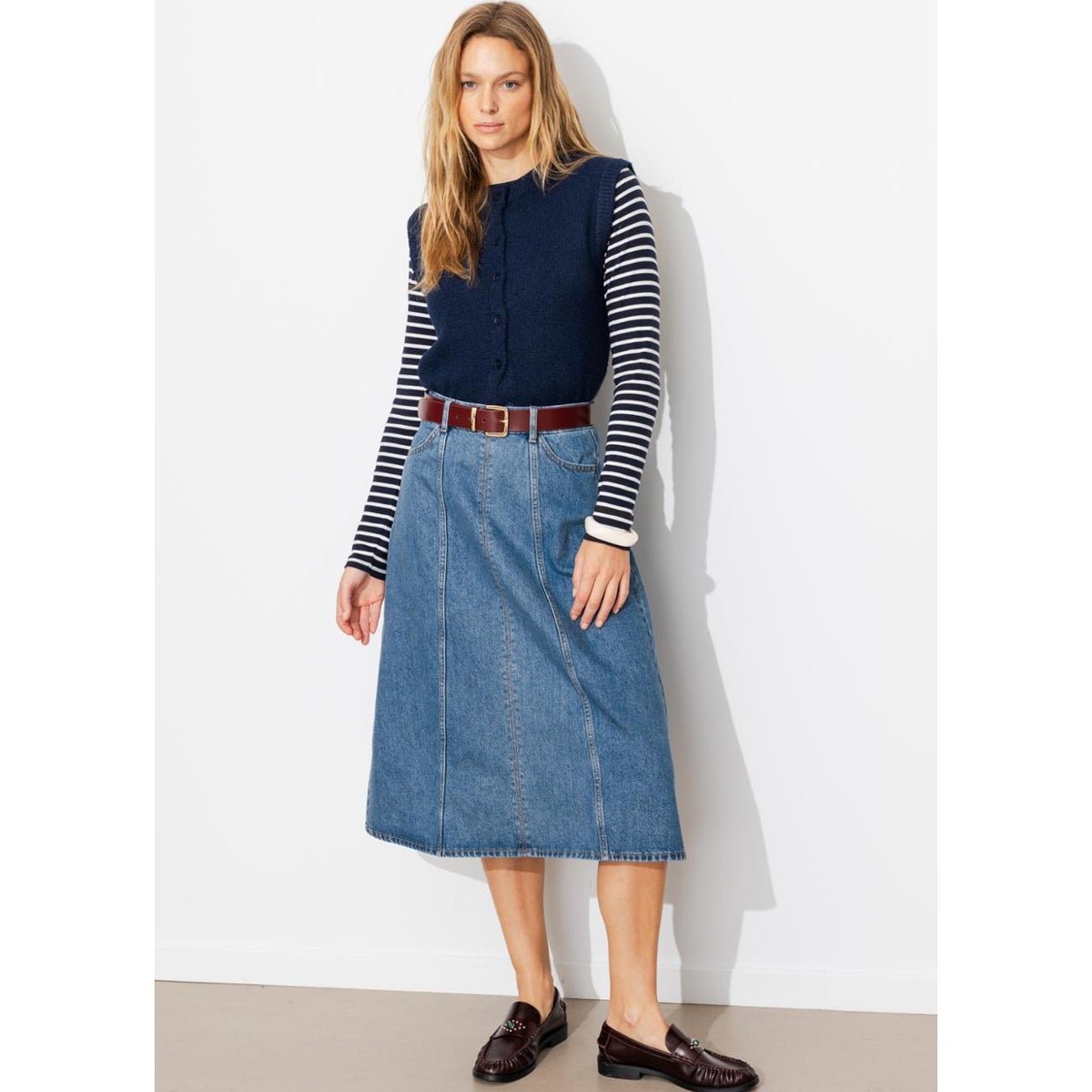 Jupe midi évasée en jean jean moyen, PROMOD