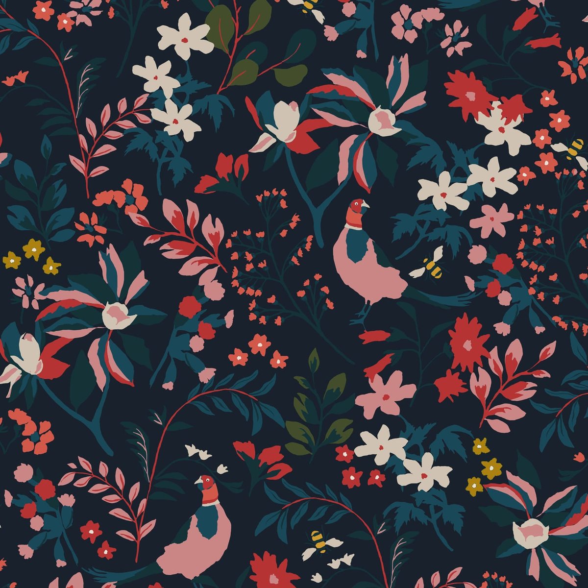 Papier peint Partie de cache-cache dans les fleurs de la forêt de nuit bleu, JOULES