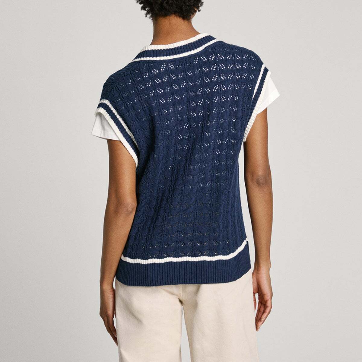 Gilet Col V En Maille Ajourée bleu marin, PEPE JEANS