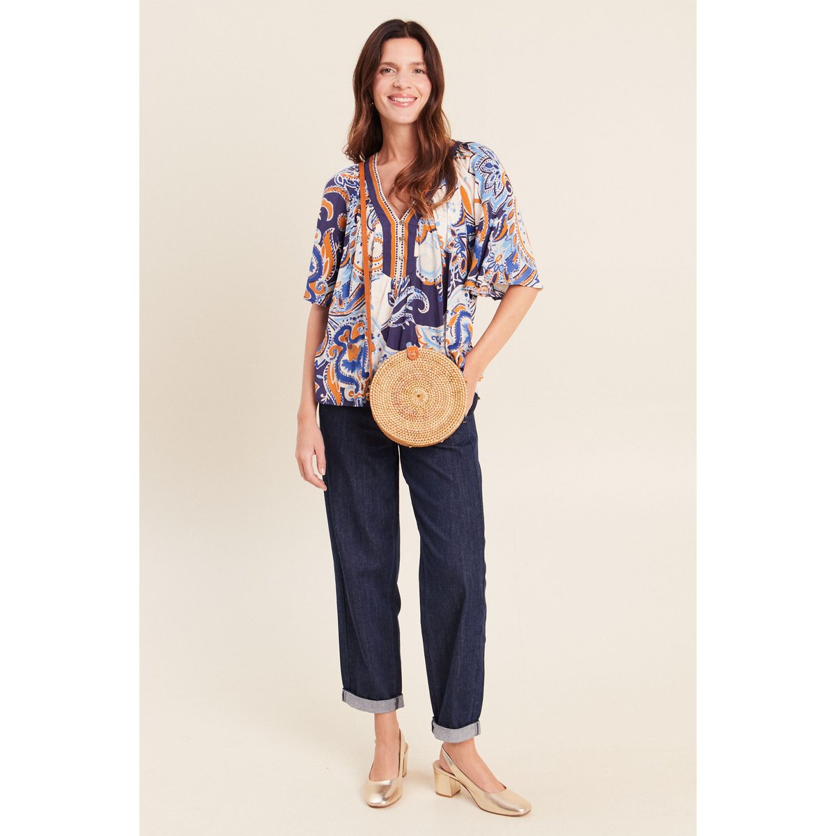 Blouse ample col v manches 3/4 bleu, BREAL