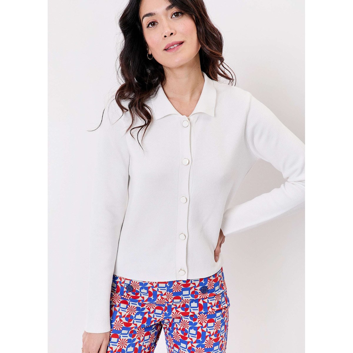 Gilet col polo maille coton droit GALET blanc ecru, PRINCESSE NOMADE