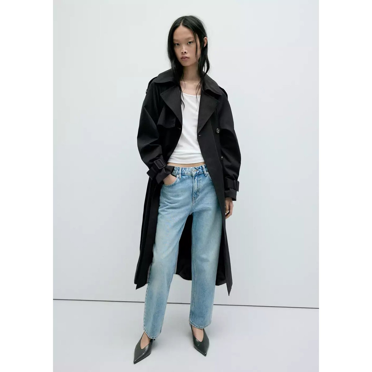 Trench long double boutonnage noir, MANGO