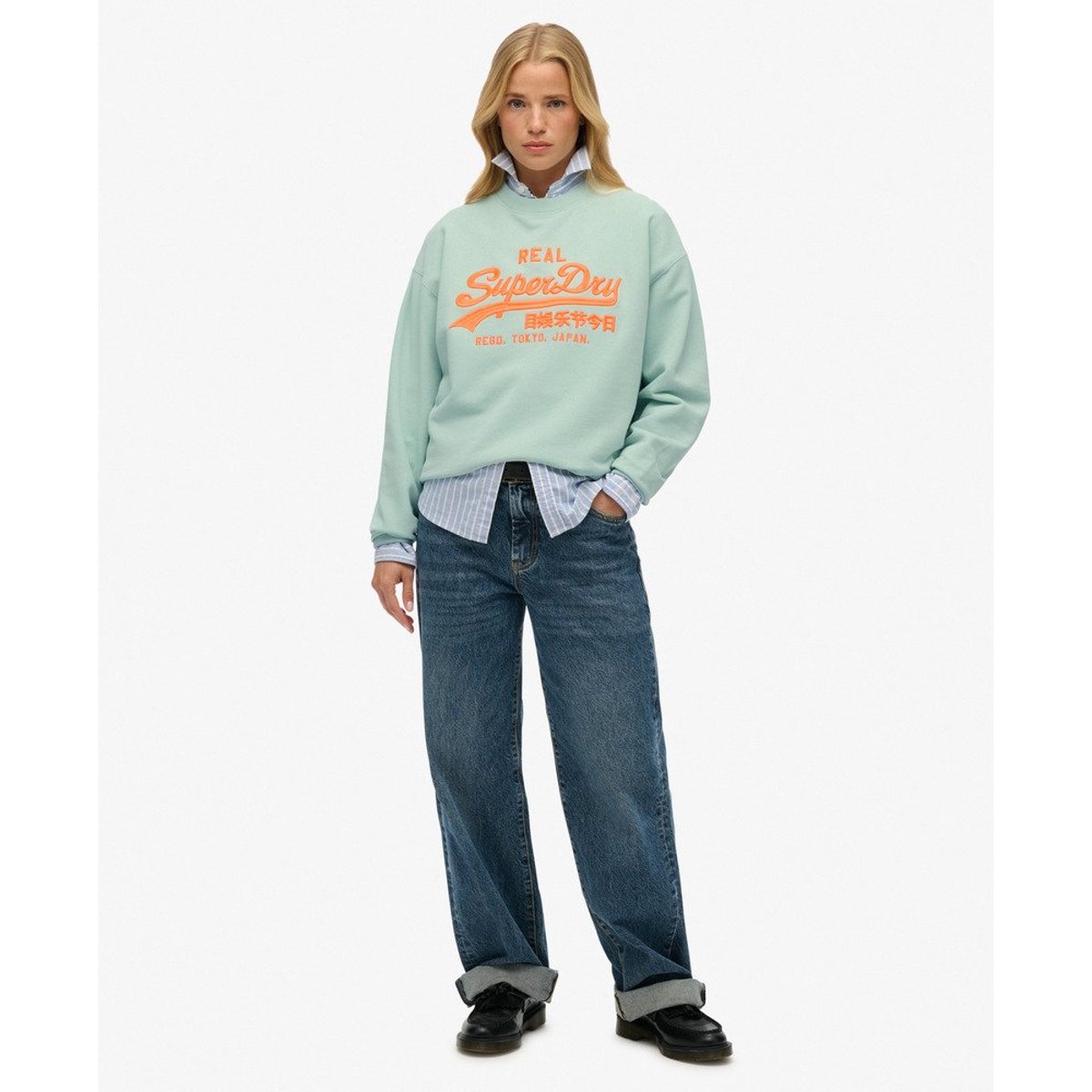 Pull ample à col ras-du-cou fluo Vintage Logo gris port, SUPERDRY