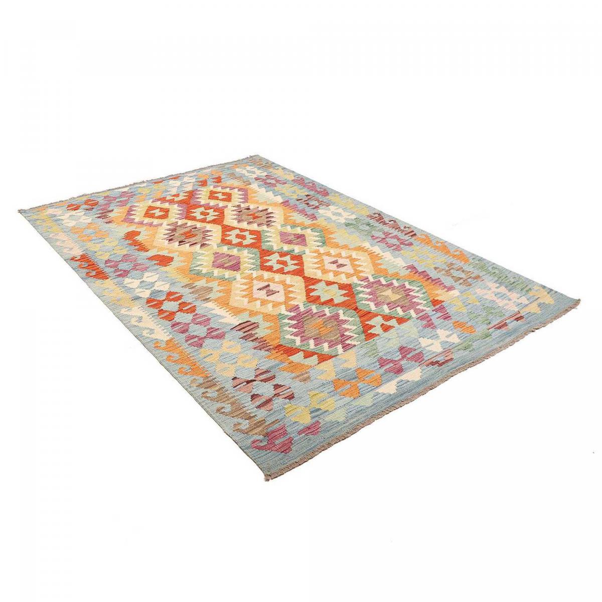 Tapis kilim ethnique, tissé plat en laine naturelle, KILIM 25 multicolore, bleu, orange, UN AMOUR DE TAPIS