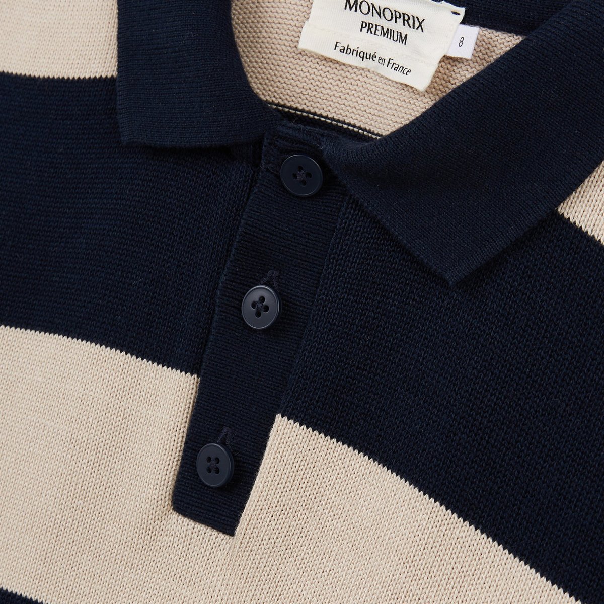 Polo manches longues à rayures fabriqué en France en coton BIO marine, MONOPRIX