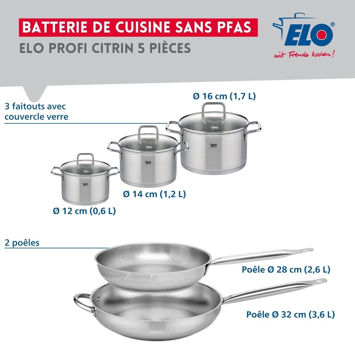 Batterie 2 poêles 28/32cm + 3 faitouts 12/14/16cm PROFI CITRIN inox, ELO
