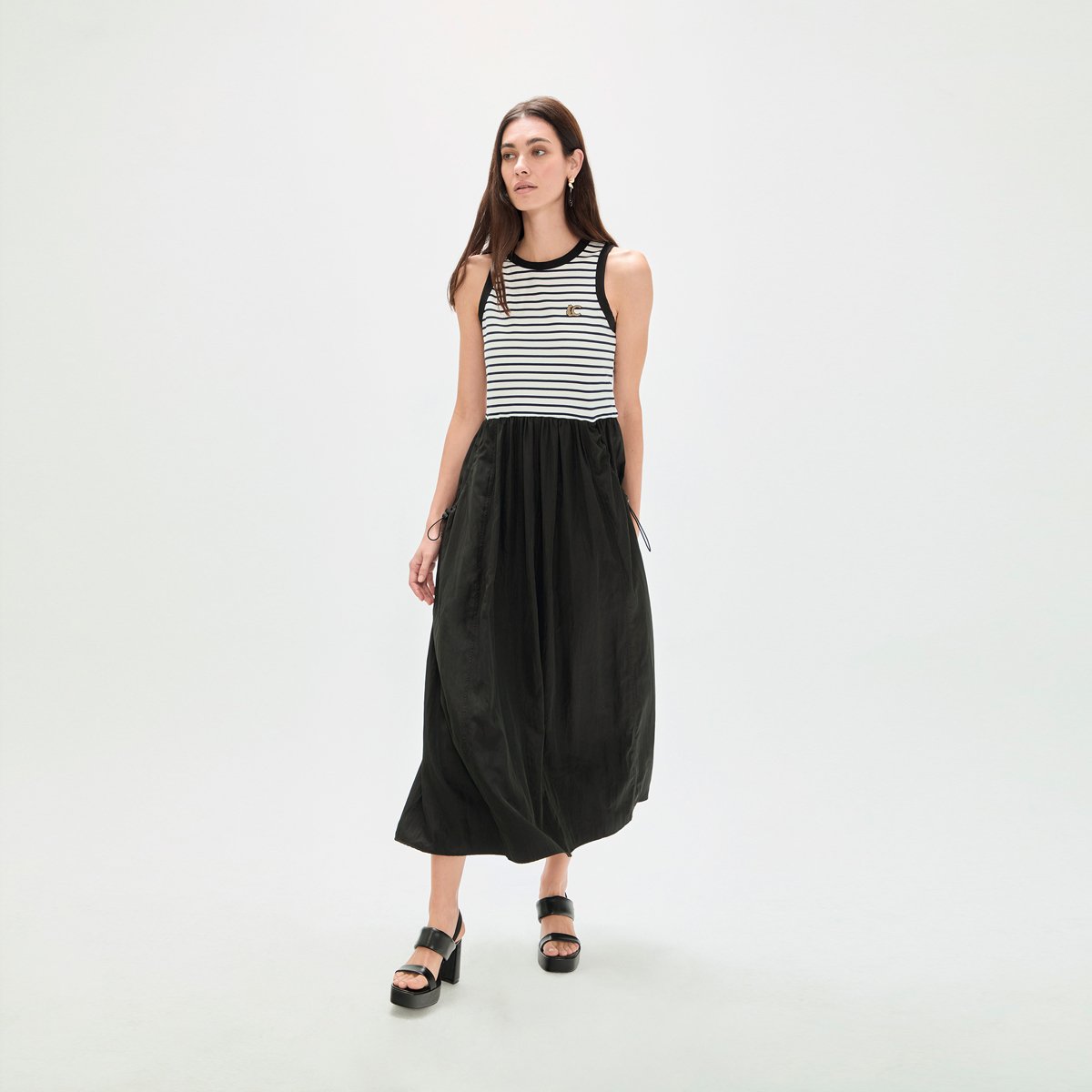 Robe midi sans manches à haut rayé et jupe fluide froncée noir, LOLA CASADEMUNT