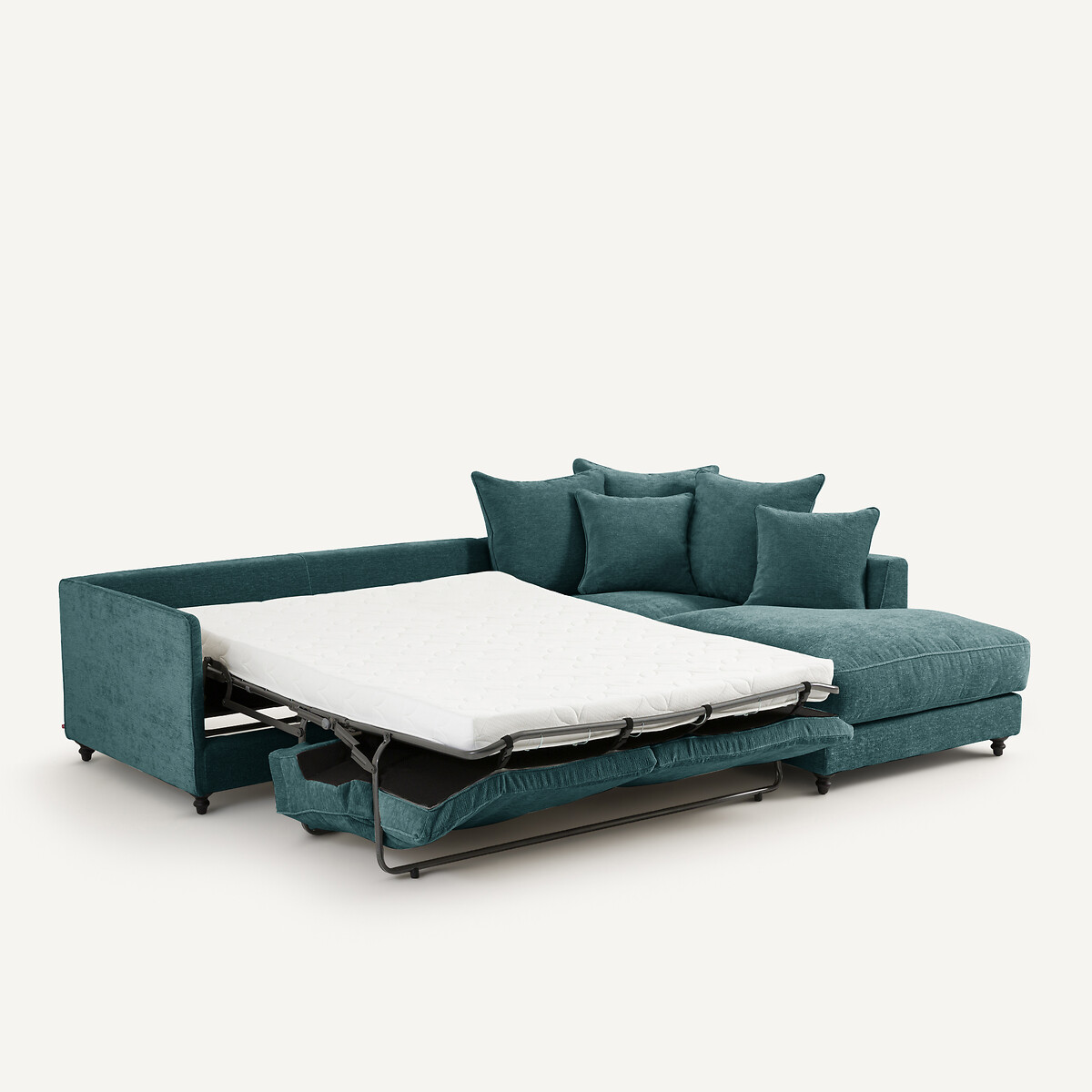 Canapé d'angle convertible, en velours texturé, LAZARE bleu pétrole, AM.PM