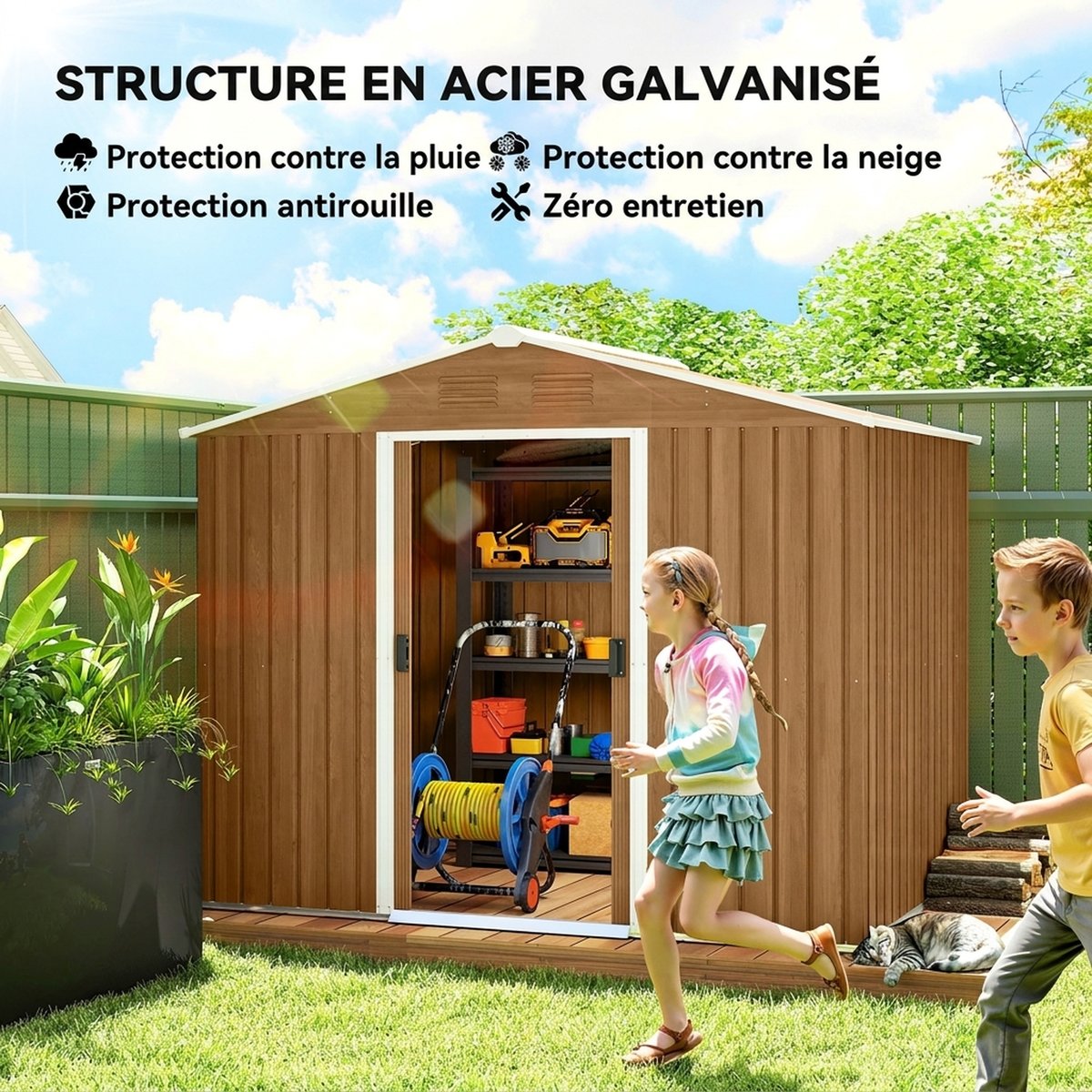 Abri de jardin Acier galvanisé Marron marron foncé effet bois, OUTSUNNY