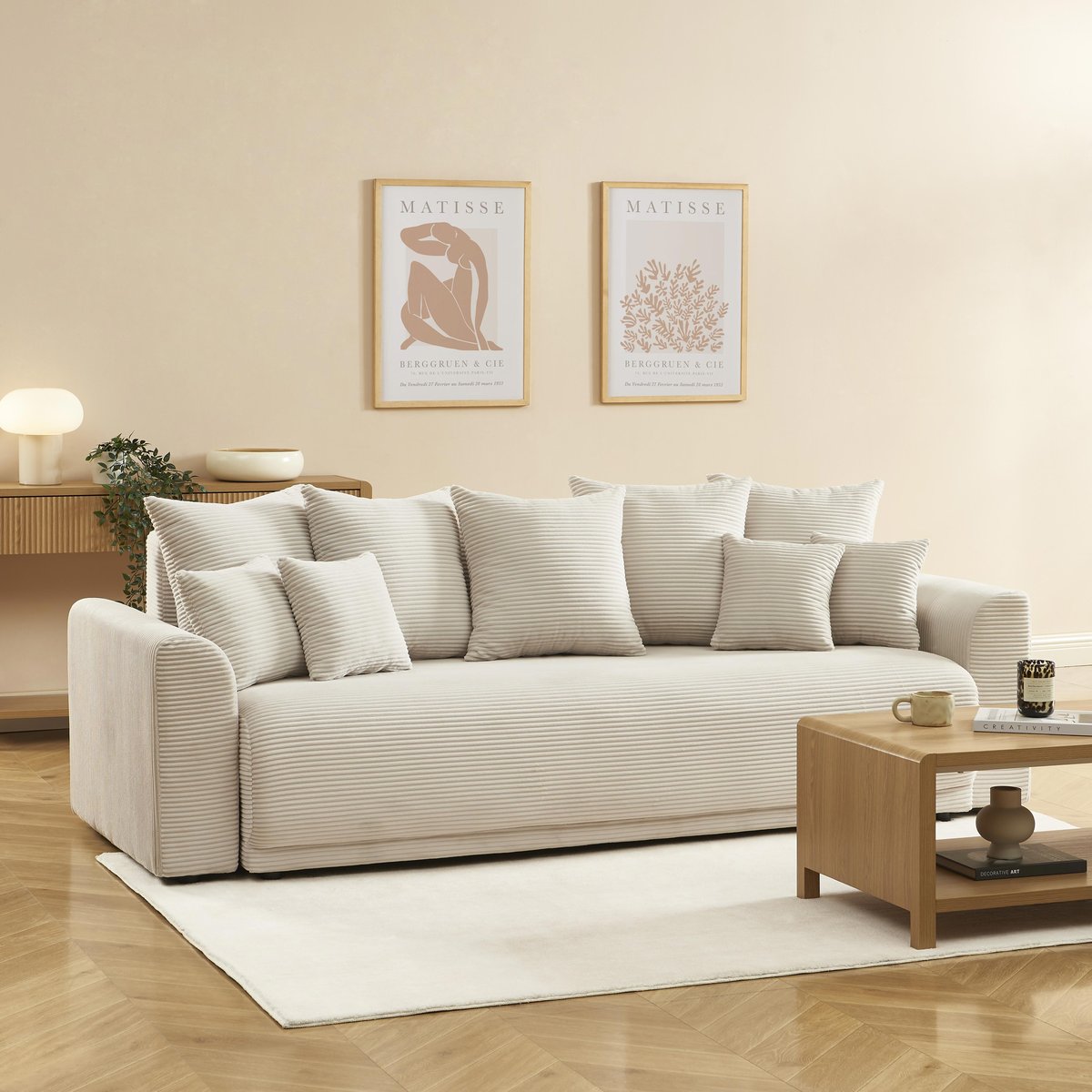 Canapé droit convertible velours SOLINE beige, BAÏTA