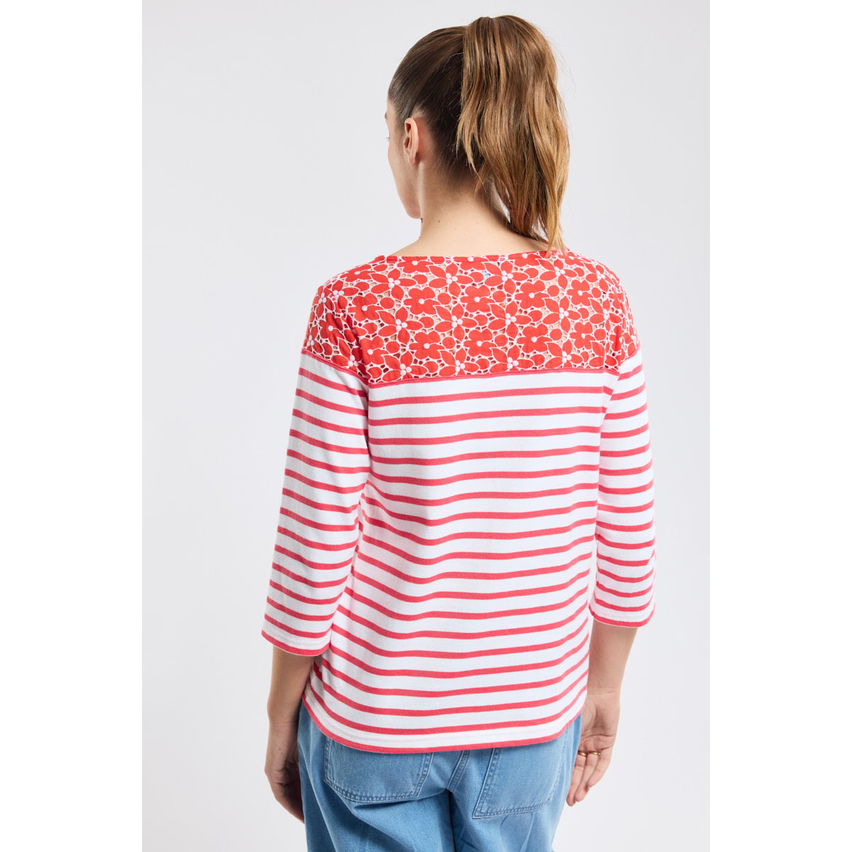Marinière fleurie en coton blanc/airelle, ARMOR-LUX
