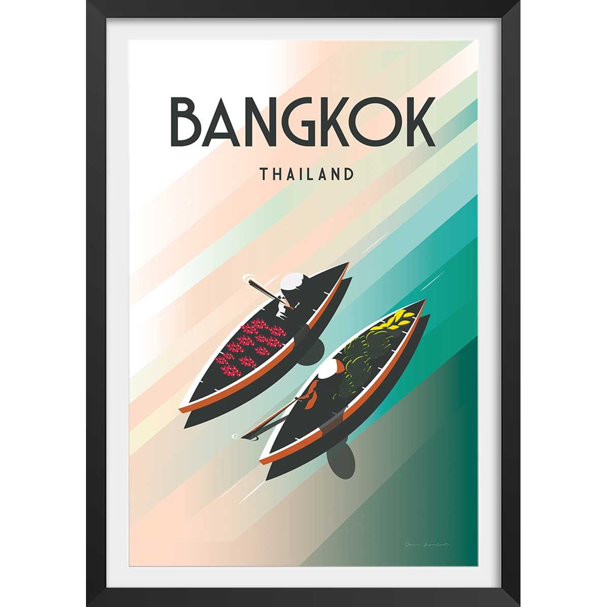 Affiche ville voyage Bangkok Thailand affiche + cadre en bois - noir, HEXOA
