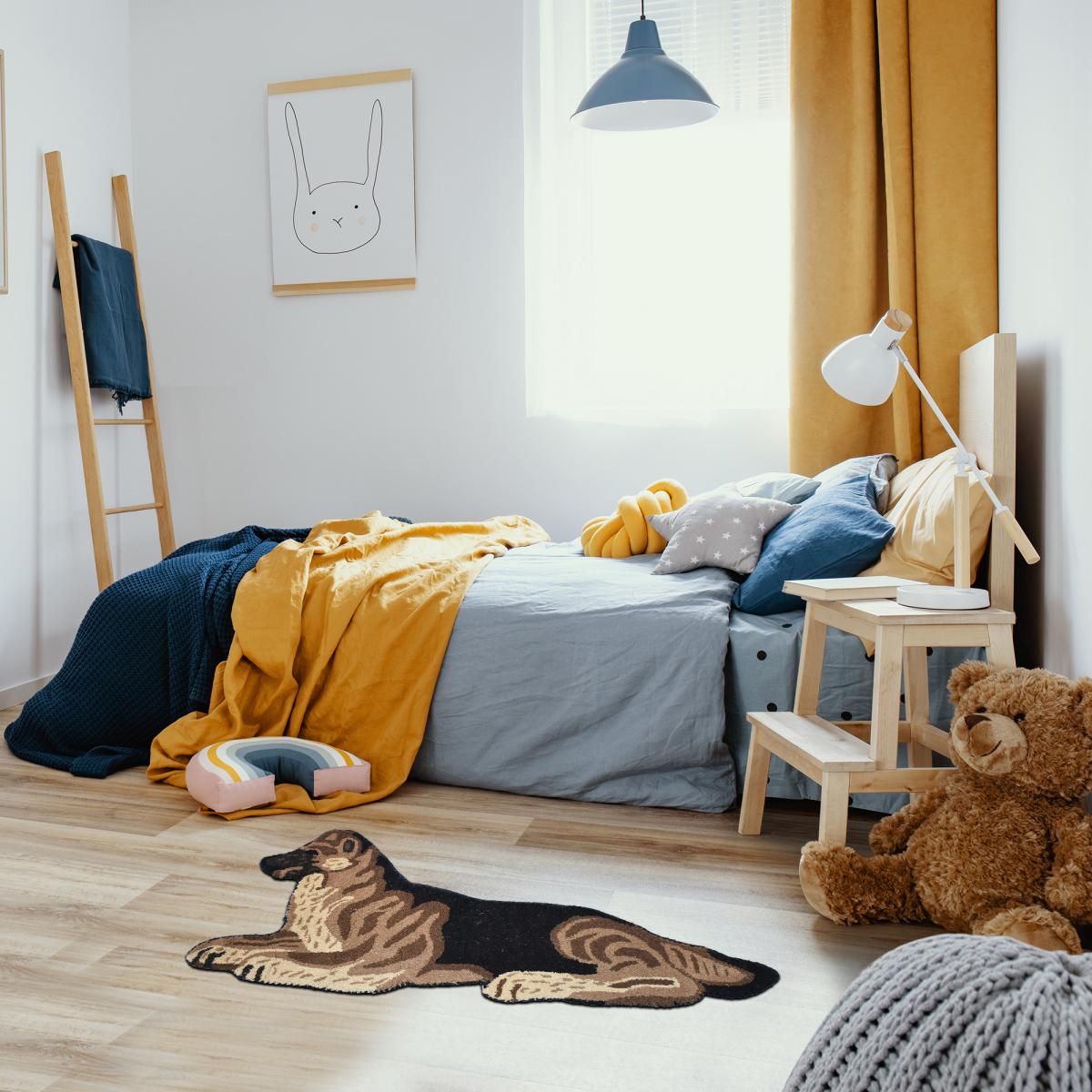 Tapis enfant fait main en laine motif animaux DOG beige, UN AMOUR DE TAPIS
