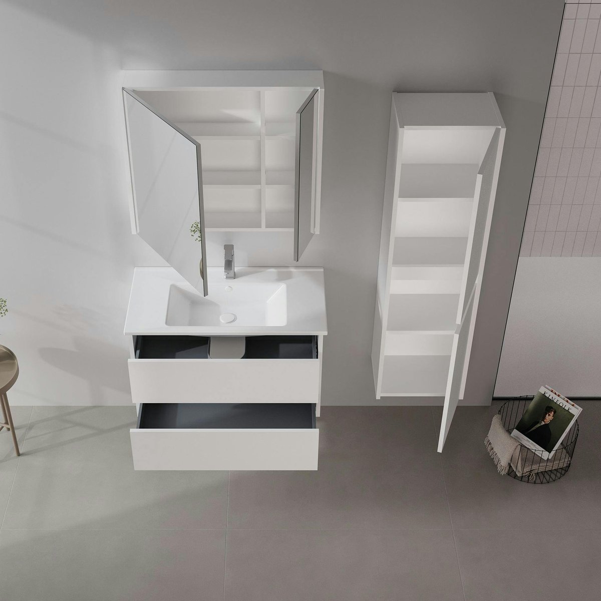 Meuble vasque suspendu 2 tiroirs 85 cm NAÏA blanc, PIER IMPORT
