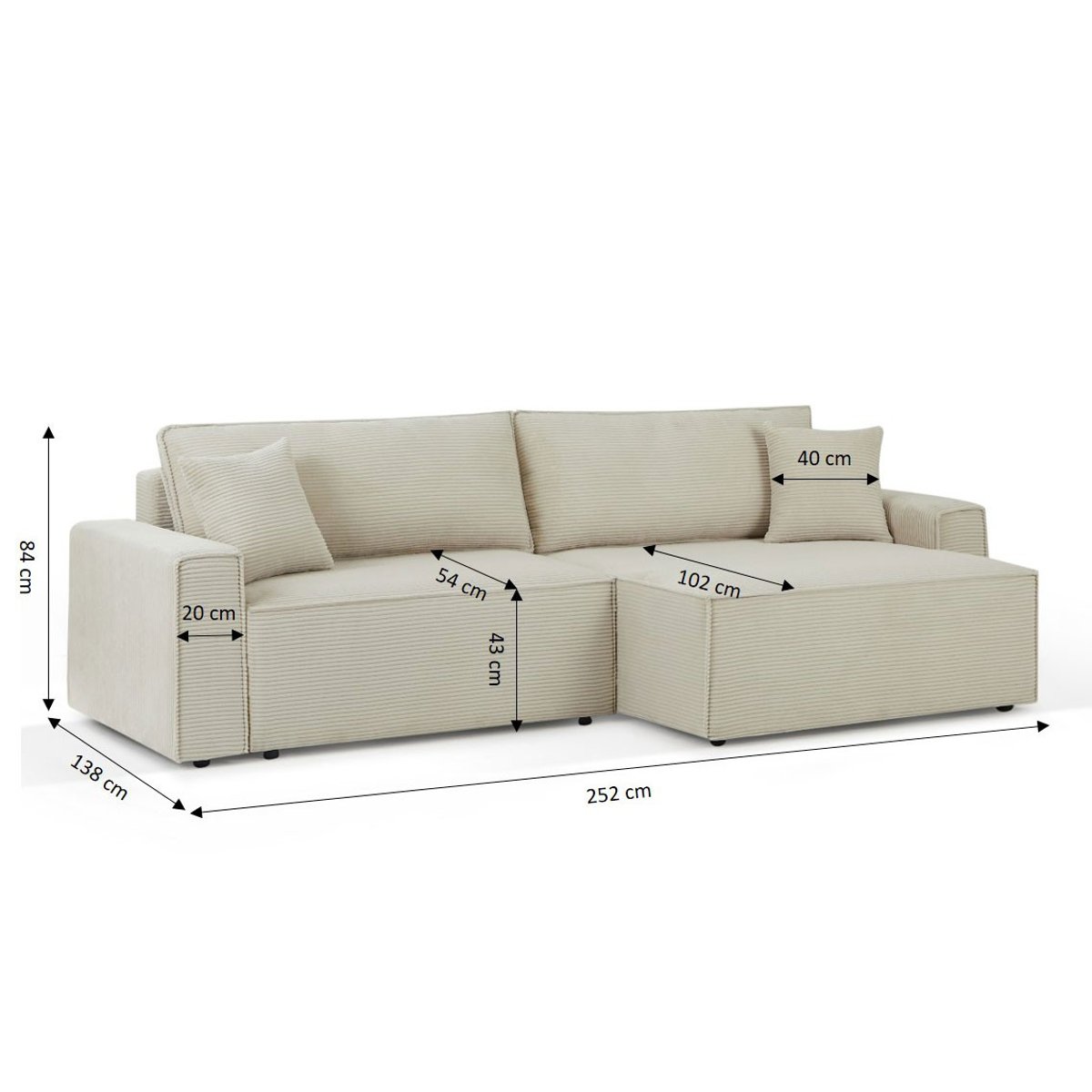 Canapé d'angle convertible velours ZOLA beige, BAÏTA