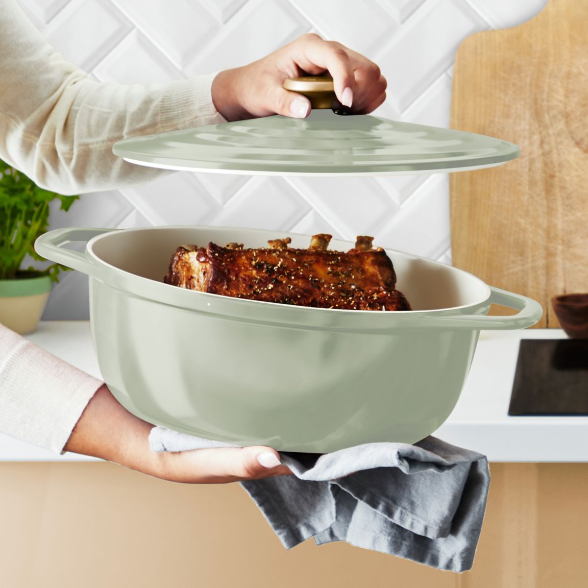 Cocotte AIR SOFT LIGHT 30X23cm Vert Lichen couleur unique, TEFAL