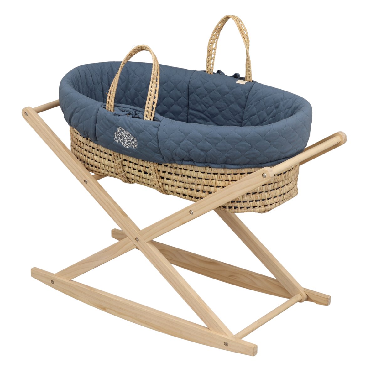 Couffin bébé en fibres naturelles et habillage tissu avec support en pin massif bleu, SAUTHON