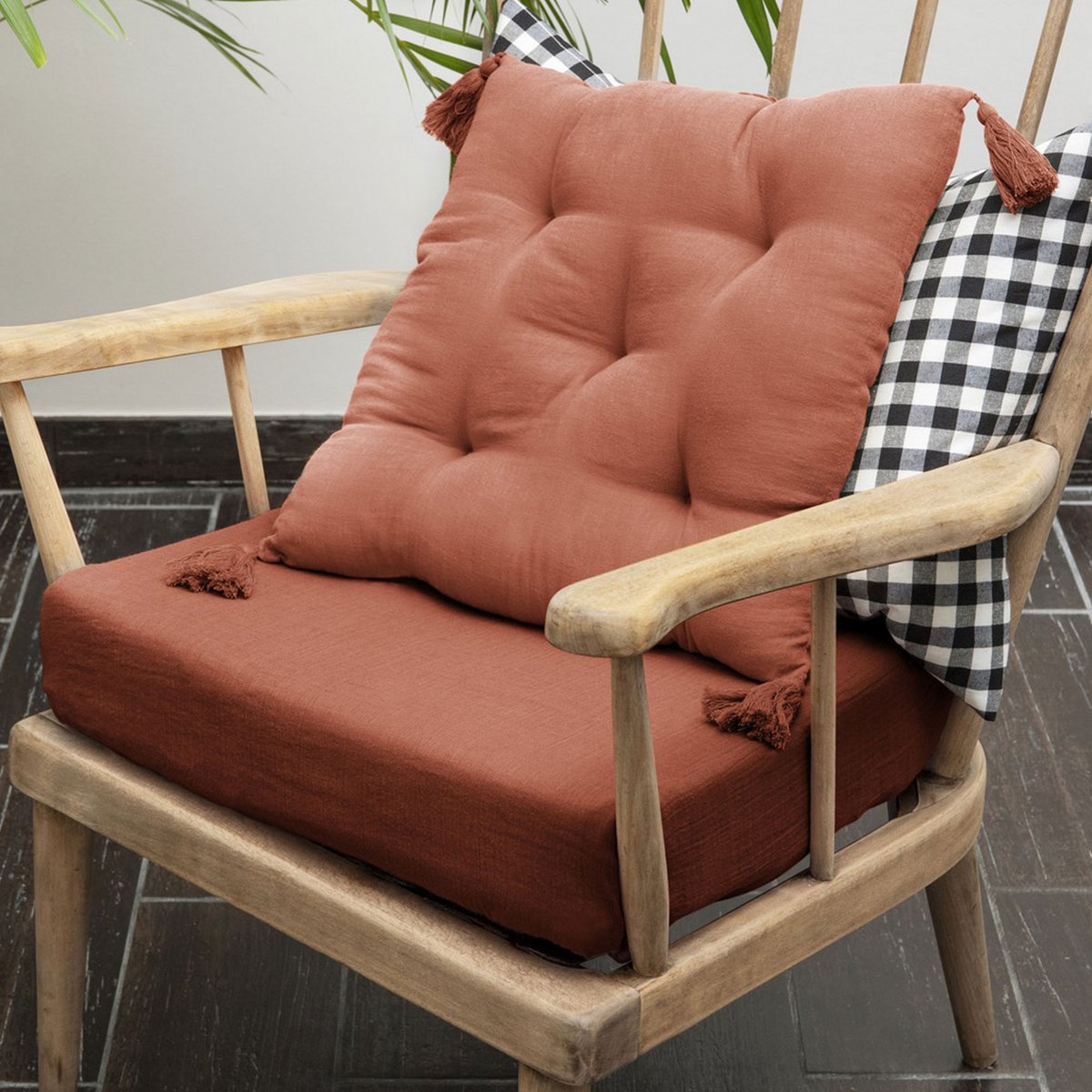 Coussin de chaise 40x40 cm Gaze de coton avec pompons Terracotta terracotta, EDEN